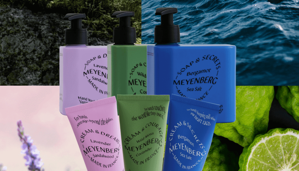 Meyenbergs olika tvålar och handkrämer utklipta i förgrunden. Dreams, Courage och Secrets. Bilder på mossa, hav, lavendel och bergamot i bakgrunden.