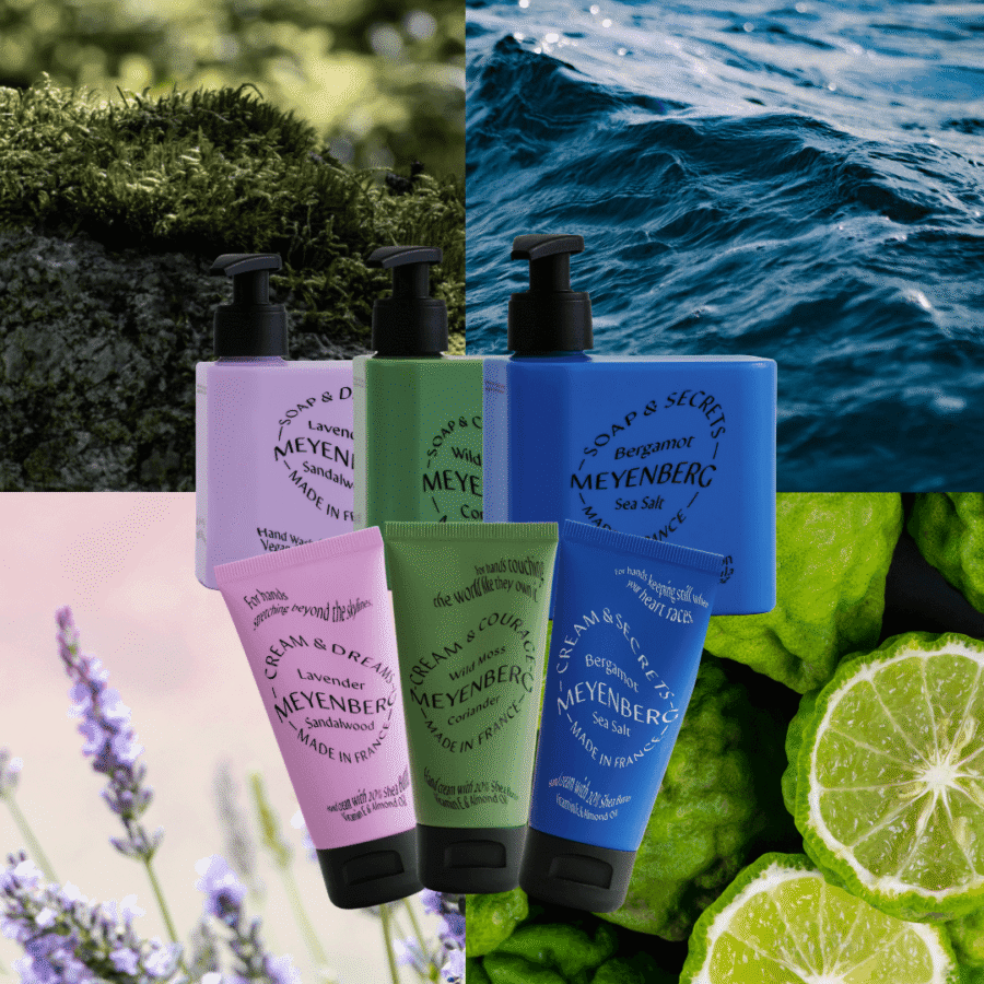 Meyenbergs olika tvålar och handkrämer utklipta i förgrunden. Dreams, Courage och Secrets. Bilder på mossa, hav, lavendel och bergamot i bakgrunden.